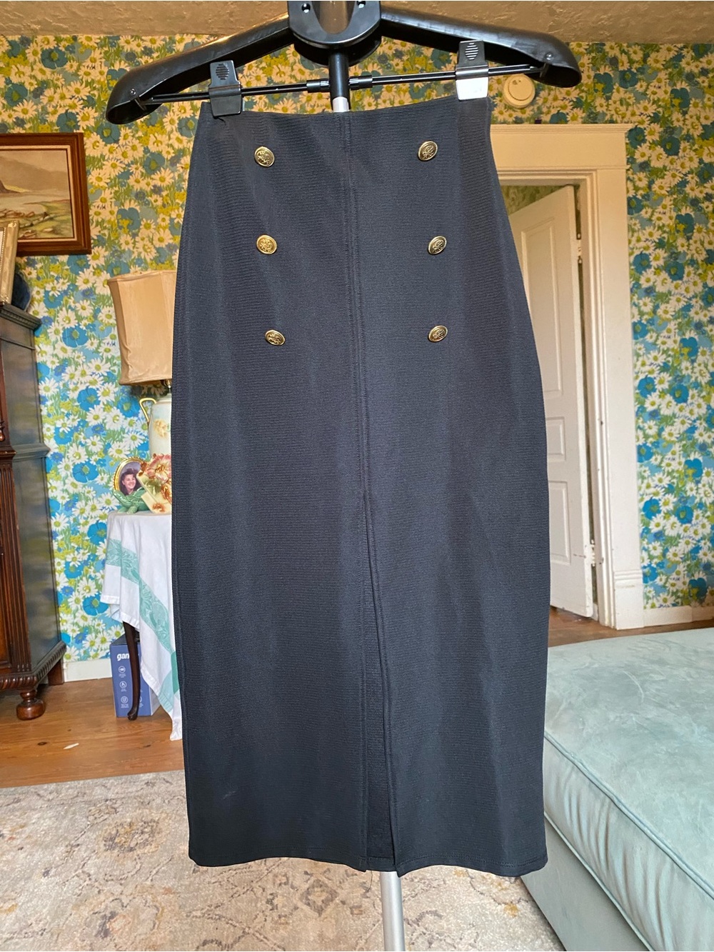 Zara Black Pencil Skirt with Gold Buttons